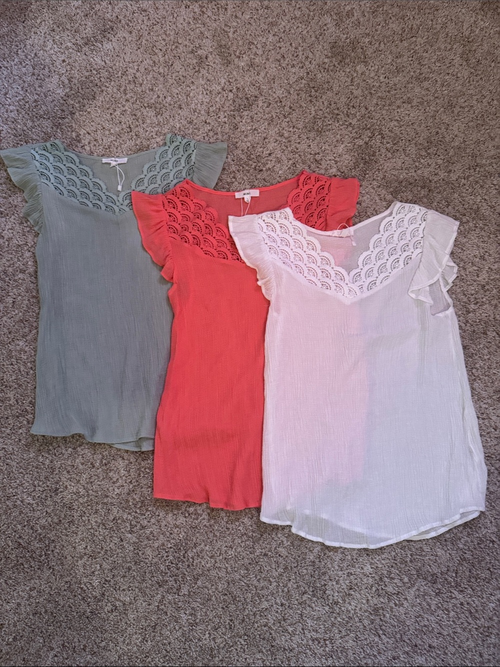 NWOT never worn Lace Trim Flutter Sleeve Blouse in Sage, Coral & White